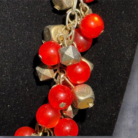 Vintage Red Beaded Statement Necklace With Gold-Tone Chain & Adjustable Clasp - Picture 2 of 6